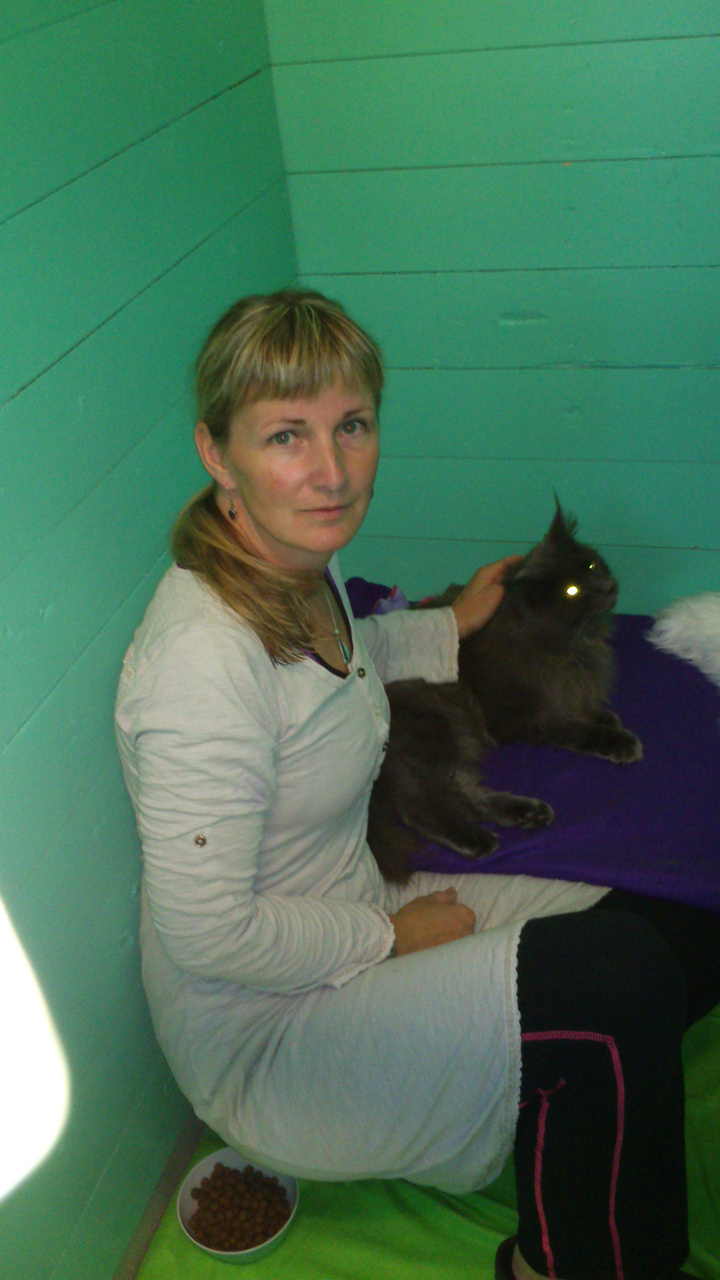 Kathrine Bakke sammen med katt i varme omgivelser